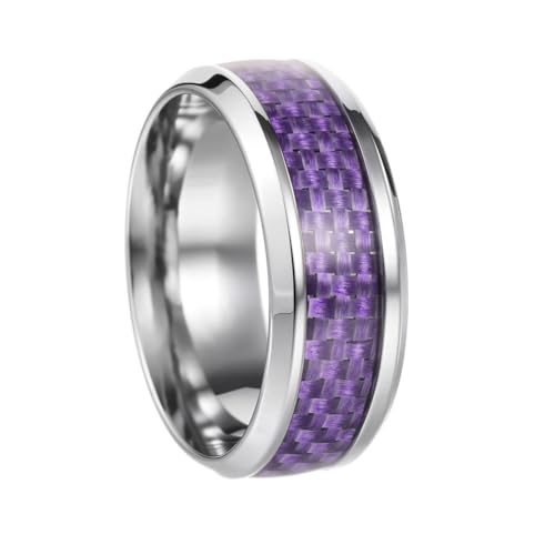 HIJONES Herren Edelstahl Minimalistische Kohlefaser Flach Abgeschrägt 8MM Titan Siegelring Hip Hop Komfort Fingerschmuck Silber Lila Größe 68 (21.6) von HIJONES