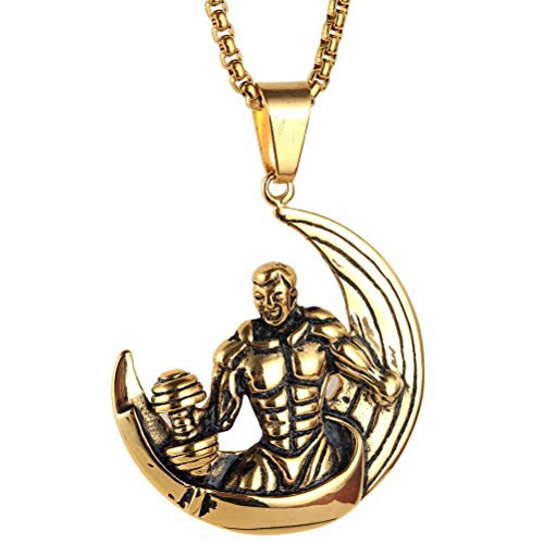 HIJONES Herren Edelstahl Muskel Mann Crescent Moon Anhänger Bodybuilder Halskette Gold von HIJONES