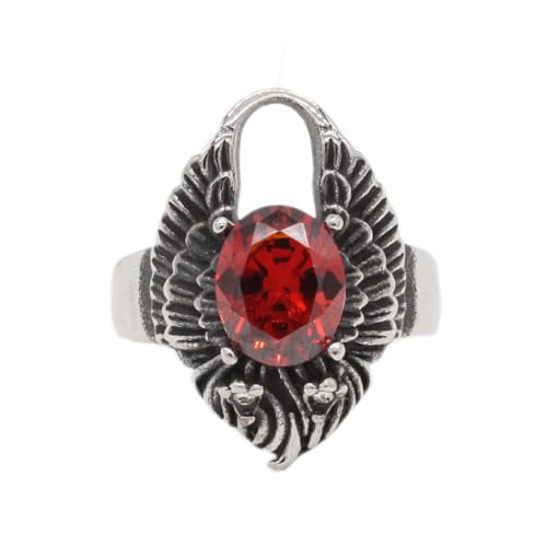 HIJONES Herren Edelstahl Oval Gemstome Engel Flügel Verschluss Siegel Ring Kristall CZ Hochzeit Finger Schmuck Silberner Roter Stein Größe 60 (19.1) von HIJONES