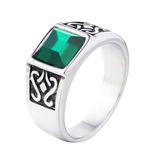 HIJONES Herren Edelstahl Personalisierter gravierter quadratischer Edelstein Verlobungsring Hip Hop Hochzeitsschmuck Silbergrüner Stein Größe 54 (17.2) von HIJONES