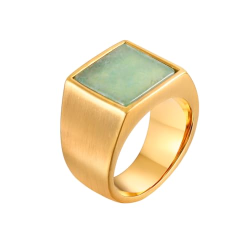 HIJONES Herren Edelstahl Quadratischer Flacher Achat Edelstein Siegelring Matt Polierter Finger Ehering Goldgrüner Stein Größe 68 (21.6) von HIJONES