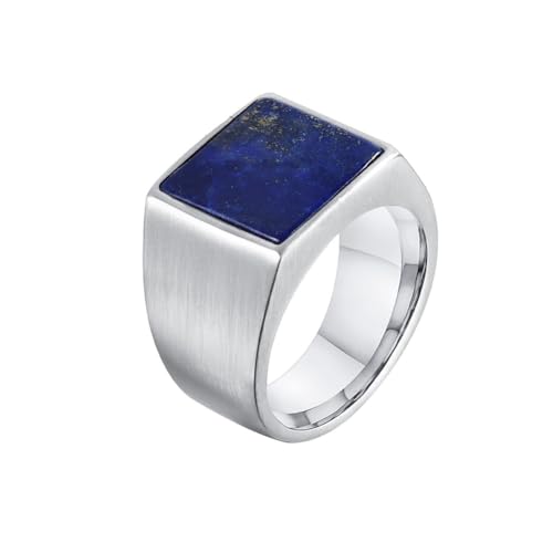 HIJONES Herren Edelstahl Quadratischer Flacher Achat Edelstein Siegelring Matt Polierter Finger Ehering Silber Blauer Stein Größe 65 (20.7) von HIJONES