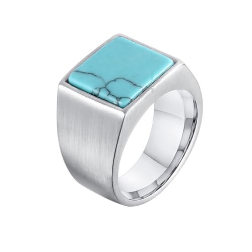 HIJONES Herren Edelstahl Quadratischer Flacher Achat Edelstein Siegelring Matt Polierter Finger Ehering Silber Hellblauer Stein Größe 62 (19.7) von HIJONES
