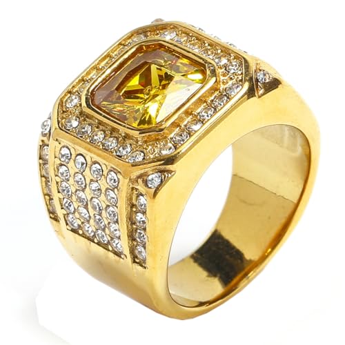 HIJONES Herren Edelstahl Quadratisches Glas Kristall Edelstein Glänzender Ehering Micro Pave Cz Hip Hop Titan Biker Band Gold Gelber Stein Größe 70 (22.3) von HIJONES