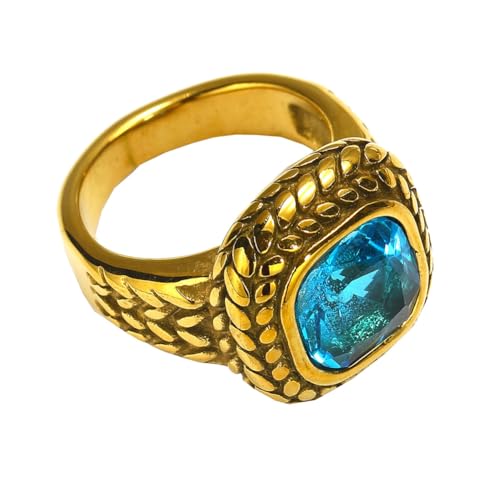 HIJONES Herren Edelstahl Quadratisches Glas Kristall Edelstein Glänzender Ehering Micro Pave Cz Hip Hop Titan Biker Band Gold Lake Blauer Stein Größe 57 (18.1) von HIJONES