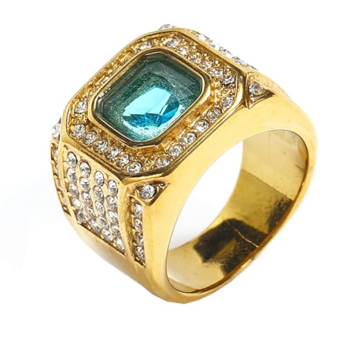 HIJONES Herren Edelstahl Quadratisches Glas Kristall Edelstein Glänzender Ehering Micro Pave Cz Hip Hop Titan Biker Band Gold Lake Blauer Stein Größe 65 (20.7) von HIJONES
