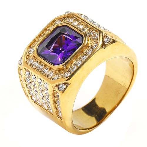 HIJONES Herren Edelstahl Quadratisches Glas Kristall Edelstein Glänzender Ehering Micro Pave Cz Hip Hop Titan Biker Band Gold Lila Stein Größe 62 (19.7) von HIJONES