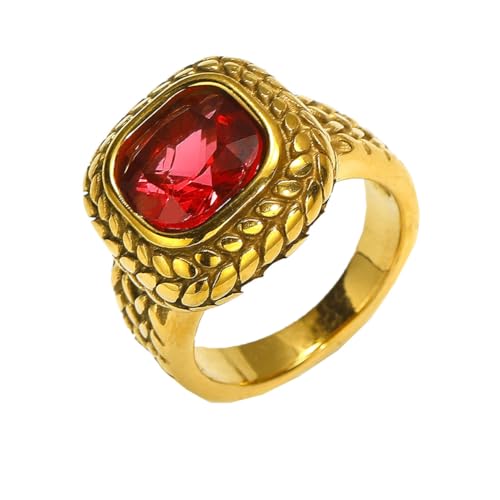 HIJONES Herren Edelstahl Quadratisches Glas Kristall Edelstein Glänzender Ehering Micro Pave Cz Hip Hop Titan Biker Band Gold Rose Roter Stein Größe 65 (20.7) von HIJONES