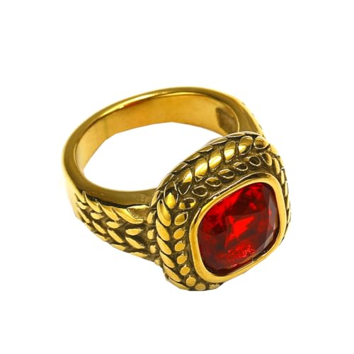 HIJONES Herren Edelstahl Quadratisches Glas Kristall Edelstein Glänzender Ehering Micro Pave Cz Hip Hop Titan Biker Band Gold Roter Stein Größe 60 (19.1) von HIJONES