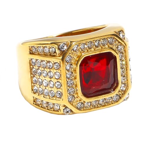 HIJONES Herren Edelstahl Quadratisches Glas Kristall Edelstein Glänzender Ehering Micro Pave Cz Hip Hop Titan Biker Band Gold Roter Stein Größe 70 (22.3) von HIJONES