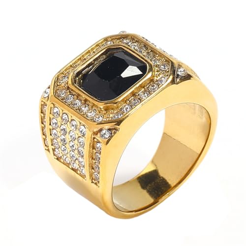HIJONES Herren Edelstahl Quadratisches Glas Kristall Edelstein Glänzender Ehering Micro Pave Cz Hip Hop Titan Biker Band Gold Schwarzer Stein Größe 70 (22.3) von HIJONES