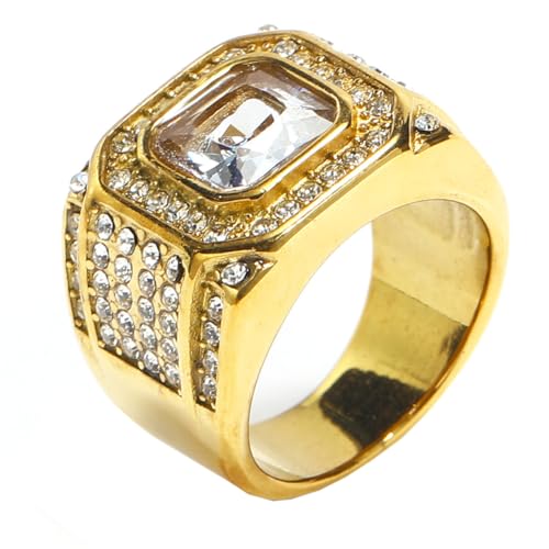 HIJONES Herren Edelstahl Quadratisches Glas Kristall Edelstein Glänzender Ehering Micro Pave Cz Hip Hop Titan Biker Band Gold Weißer Stein Größe 65 (20.7) von HIJONES