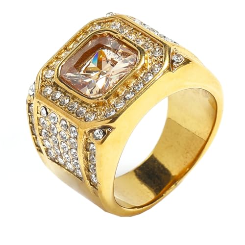 HIJONES Herren Edelstahl Quadratisches Glas Kristall Edelstein Glänzender Ehering Micro Pave Cz Hip Hop Titan Biker Band Goldener Champagner-Stein Größe 70 (22.3) von HIJONES