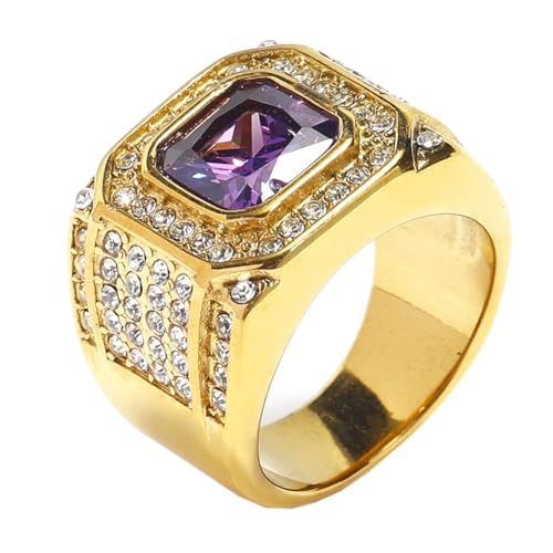 HIJONES Herren Edelstahl Quadratisches Glas Kristall Edelstein Glänzender Ehering Micro Pave Cz Hip Hop Titan Biker Band Goldener hellvioletter Stein Größe 70 (22.3) von HIJONES