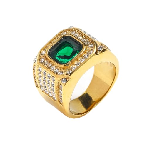 HIJONES Herren Edelstahl Quadratisches Glas Kristall Edelstein Glänzender Ehering Micro Pave Cz Hip Hop Titan Biker Band Goldgrüner Stein Größe 54 (17.2) von HIJONES