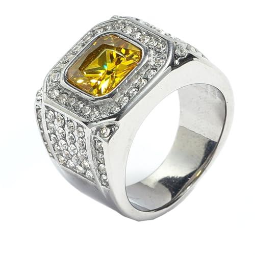 HIJONES Herren Edelstahl Quadratisches Glas Kristall Edelstein Glänzender Ehering Micro Pave Cz Hip Hop Titan Biker Band Silber Gelber Stein Größe 68 (21.6) von HIJONES