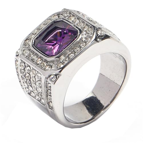 HIJONES Herren Edelstahl Quadratisches Glas Kristall Edelstein Glänzender Ehering Micro Pave Cz Hip Hop Titan Biker Band Silber Light Purple Stein Größe 54 (17.2) von HIJONES
