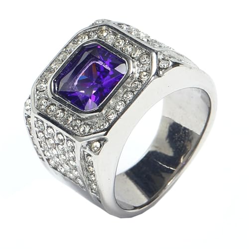 HIJONES Herren Edelstahl Quadratisches Glas Kristall Edelstein Glänzender Ehering Micro Pave Cz Hip Hop Titan Biker Band Silber Lila Stein Größe 68 (21.6) von HIJONES