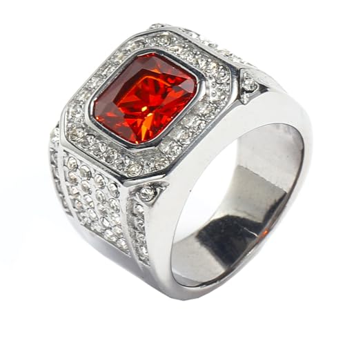 HIJONES Herren Edelstahl Quadratisches Glas Kristall Edelstein Glänzender Ehering Micro Pave Cz Hip Hop Titan Biker Band Silber Pfirsich Roter Stein Größe 62 (19.7) von HIJONES