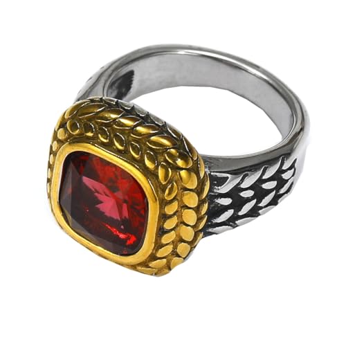 HIJONES Herren Edelstahl Quadratisches Glas Kristall Edelstein Glänzender Ehering Micro Pave Cz Hip Hop Titan Biker Band Silber Rose Roter Stein Größe 70 (22.3) von HIJONES