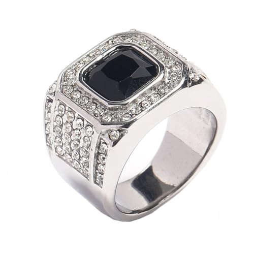 HIJONES Herren Edelstahl Quadratisches Glas Kristall Edelstein Glänzender Ehering Micro Pave Cz Hip Hop Titan Biker Band Silber Schwarzer Stein Größe 57 (18.1) von HIJONES