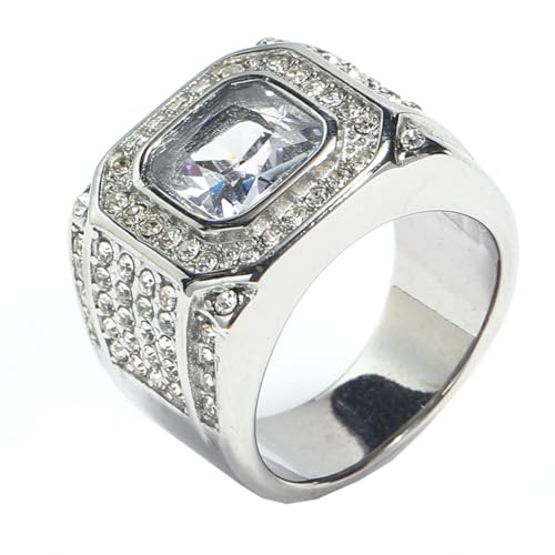 HIJONES Herren Edelstahl Quadratisches Glas Kristall Edelstein Glänzender Ehering Micro Pave Cz Hip Hop Titan Biker Band Silber Weißer Stein Größe 70 (22.3) von HIJONES