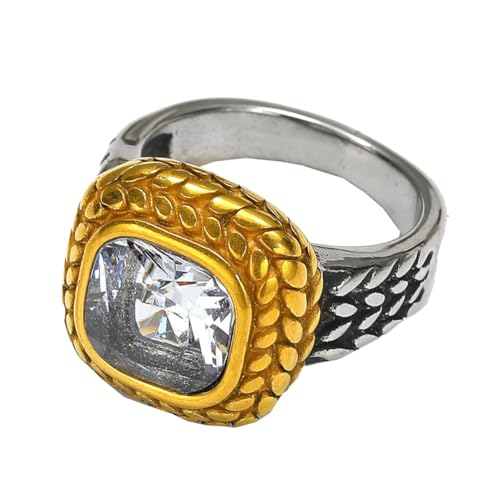 HIJONES Herren Edelstahl Quadratisches Glas Kristall Edelstein Glänzender Ehering Micro Pave Cz Hip Hop Titan Biker Band Silber Weißer Stein Größe 70 (22.3) von HIJONES