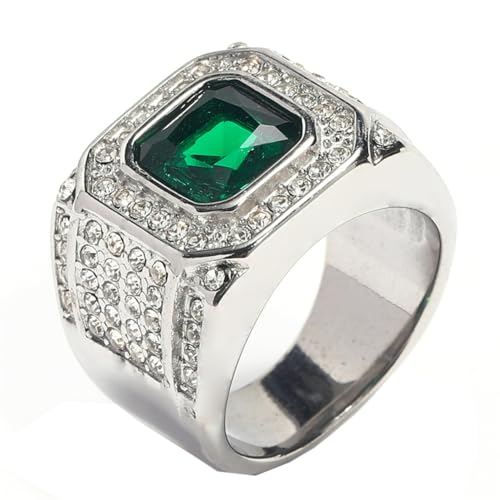 HIJONES Herren Edelstahl Quadratisches Glas Kristall Edelstein Glänzender Ehering Micro Pave Cz Hip Hop Titan Biker Band Silbergrüner Stein Größe 70 (22.3) von HIJONES