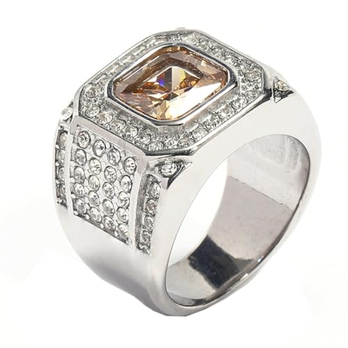 HIJONES Herren Edelstahl Quadratisches Glas Kristall Edelstein Glänzender Ehering Micro Pave Cz Hip Hop Titan Biker Band Silberner Champagner-Stein Größe 62 (19.7) von HIJONES