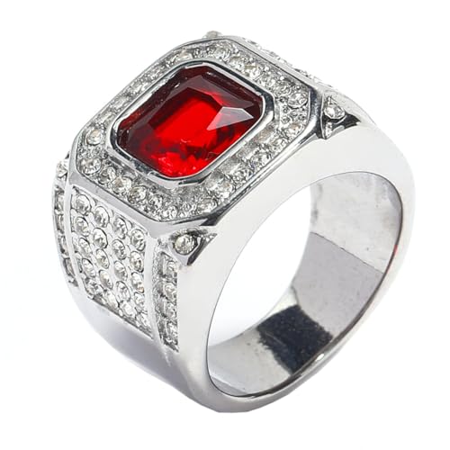 HIJONES Herren Edelstahl Quadratisches Glas Kristall Edelstein Glänzender Ehering Micro Pave Cz Hip Hop Titan Biker Band Silberner Roter Stein Größe 57 (18.1) von HIJONES