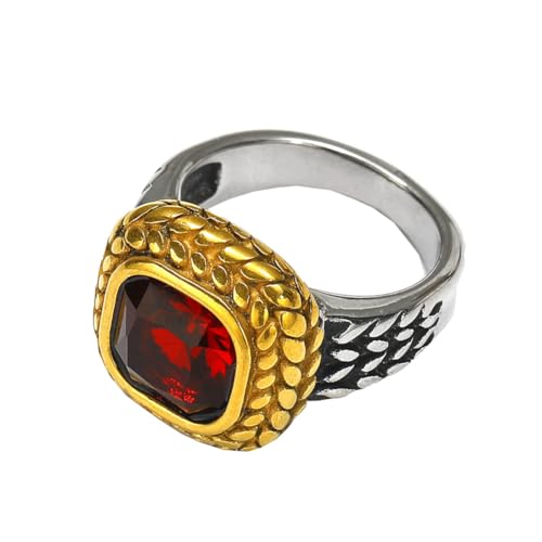 HIJONES Herren Edelstahl Quadratisches Glas Kristall Edelstein Glänzender Ehering Micro Pave Cz Hip Hop Titan Biker Band Silberner Roter Stein Größe 65 (20.7) von HIJONES