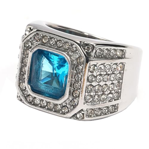 HIJONES Herren Edelstahl Quadratisches Glas Kristall Edelstein Glänzender Ehering Micro Pave Cz Hip Hop Titan Biker Band Silbersee Blauer Stein Größe 54 (17.2) von HIJONES