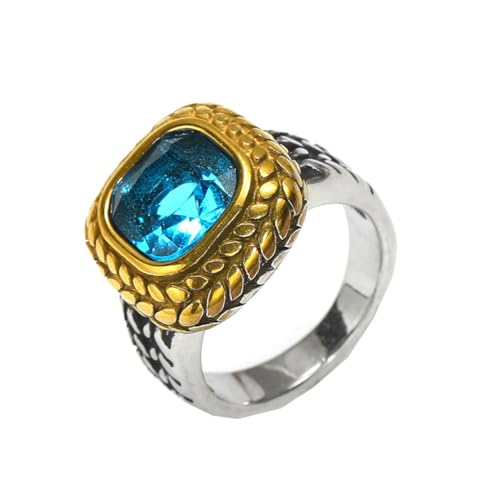 HIJONES Herren Edelstahl Quadratisches Glas Kristall Edelstein Glänzender Ehering Micro Pave Cz Hip Hop Titan Biker Band Silbersee Blauer Stein Größe 70 (22.3) von HIJONES