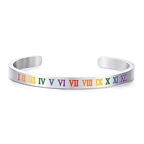 HIJONES Herren Edelstahl Regenbogen Armband Römische Ziffer Armreifen Manschette LGBT Stolz Flagge Armband Silber von HIJONES