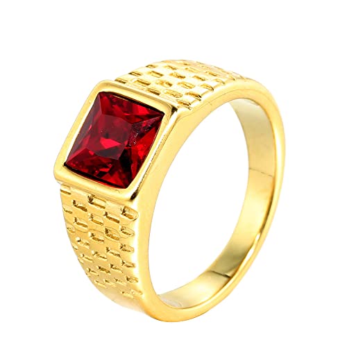 HIJONES Herren Edelstahl Rot Stein Ring Quadratisch Edelstein Pinky Finger Ringe mit Kristall Statement Schmuck Gold Größe 60 von HIJONES
