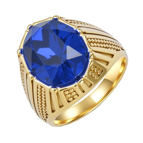 HIJONES Herren Edelstahl Strass Schliff Glas Edelstein Zirkon Graviertes Band Verlobungsring Kristallstil Gold Blauer Stein Größe 57 (18.1) von HIJONES