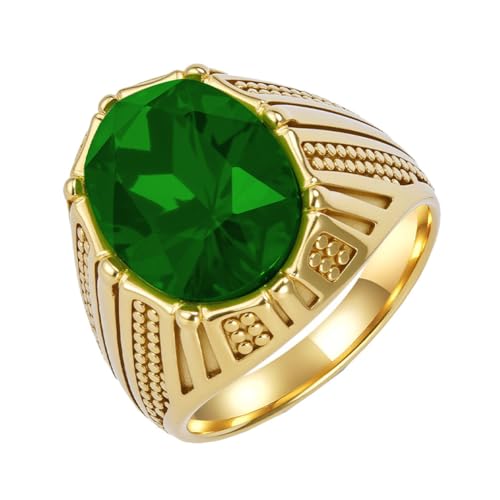HIJONES Herren Edelstahl Strass Schliff Glas Edelstein Zirkon Graviertes Band Verlobungsring Kristallstil Goldgrüner Stein Größe 68 (21.6) von HIJONES