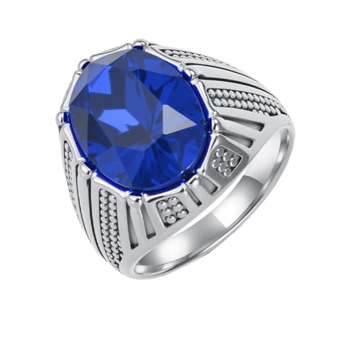 HIJONES Herren Edelstahl Strass Schliff Glas Edelstein Zirkon Graviertes Band Verlobungsring Kristallstil Silber Blauer Stein Größe 65 (20.7) von HIJONES
