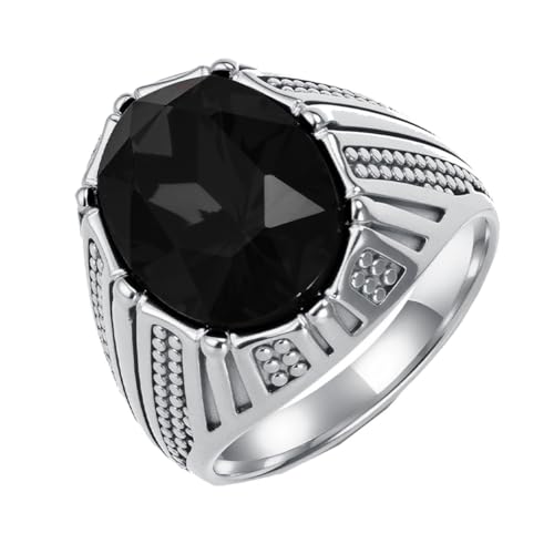 HIJONES Herren Edelstahl Strass Schliff Glas Edelstein Zirkon Graviertes Band Verlobungsring Kristallstil Silber Schwarzer Stein Größe 57 (18.1) von HIJONES