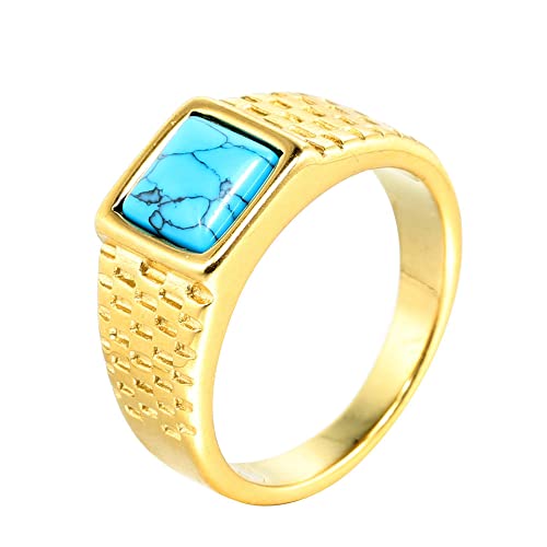 HIJONES Herren Edelstahl Türkis Stein Ring Quadratisch Edelstein Pinky Finger Ringe mit Kristall Statement Schmuck Gold Größe 60 von HIJONES