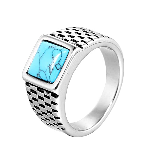 HIJONES Herren Edelstahl Türkis Stein Ring Quadratisch Edelstein Pinky Finger Ringe mit Kristall Statement Schmuck Silber Größe 57 von HIJONES