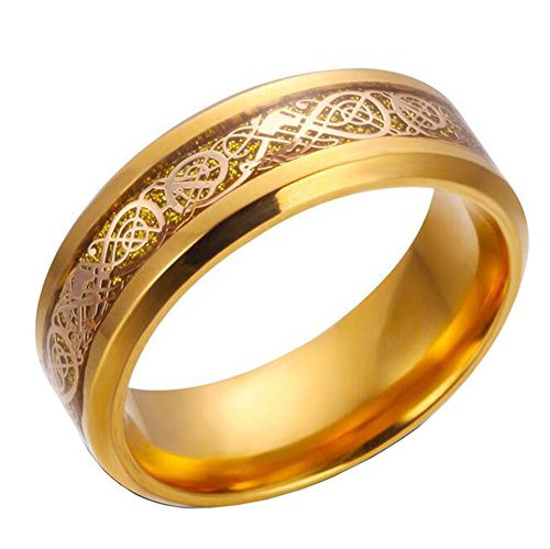 HIJONES Herren Edelstahl Vergoldet Carbon Keltischer Drachen Ring Ehering 8MM Größe 60 von HIJONES