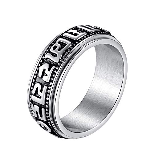 HIJONES Herren Edelstahl Vintage Buddhistisches Tibetisches Mantra Om Mani Padme Hum Gebet Rotierbares Ringband Größe 60 von HIJONES