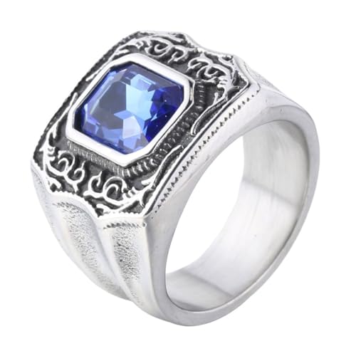 HIJONES Herren Edelstahl Vintage Edelstein Zweig Chunky Graviert Ehering Glas Ctystal Schmuck Silber Blauer Stein Größe 54 (17.2) von HIJONES