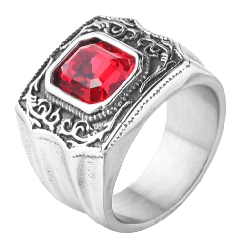 HIJONES Herren Edelstahl Vintage Edelstein Zweig Chunky Graviert Ehering Glas Ctystal Schmuck Silberner Roter Stein Größe 60 (19.1) von HIJONES