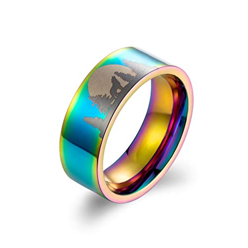 HIJONES Herren Edelstahl Wolf Moon Ring Band 8MM, Regenbogen Größe 60 von HIJONES