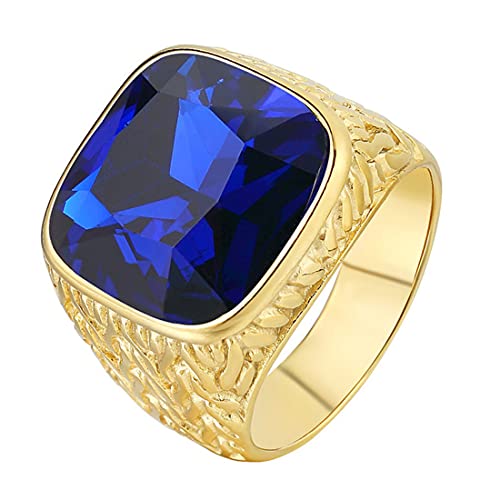 HIJONES Herren Einfach Königlich Luxus Quadrat Blau Stein Ring Gold aus Edelstahl Hochzeit Schmuck Größe 62 von HIJONES