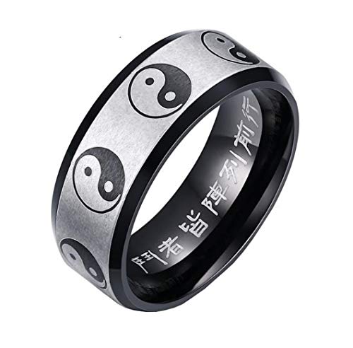 HIJONES Herren Geheimnisvoll Großer Wagen Taoist Ring Ying Yang aus Edelstahl Ringe Mantra Abgeschrägte Kanten Schwarz Silber Größe 60 von HIJONES