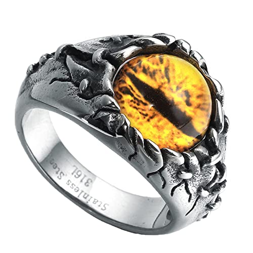 HIJONES Herren Gothic Biker Drachen Dämon Augen Ring aus Edelstahl Gelb Edelstein Größe 70 von HIJONES