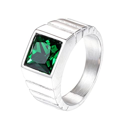 HIJONES Herren Grün Stein Ring Edelstahl Quadratisch Kristall Edelstein Einfach Vintage Statement Ringe Silber Größe 57 von HIJONES